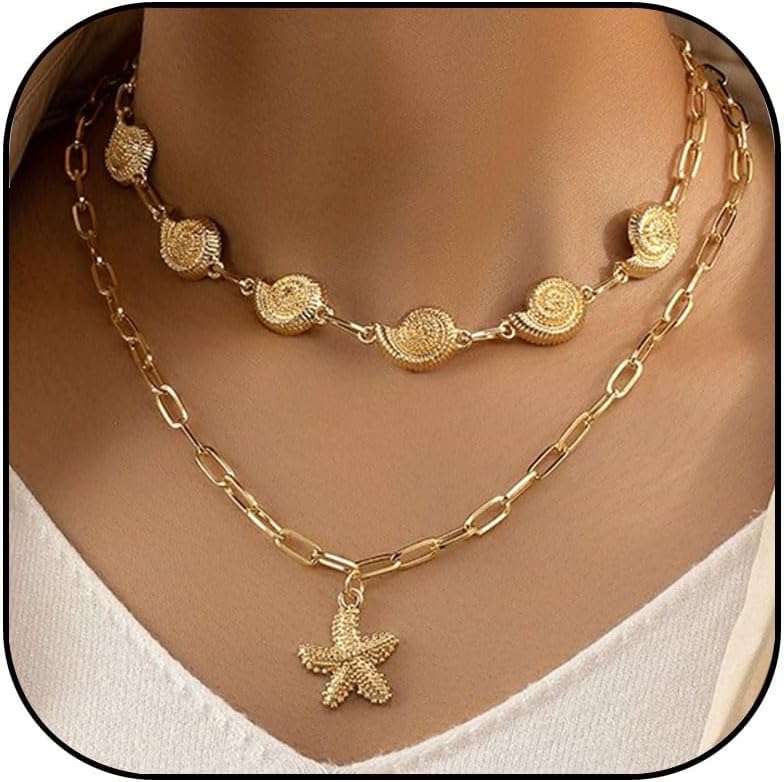 MIFYNN Gold Shell Starfish Necklace for Women Pearl Shell Necklace Layered Beaded Starfish Necklaces Summer Beach Surf Jewelry Gifts for Women - Image 1